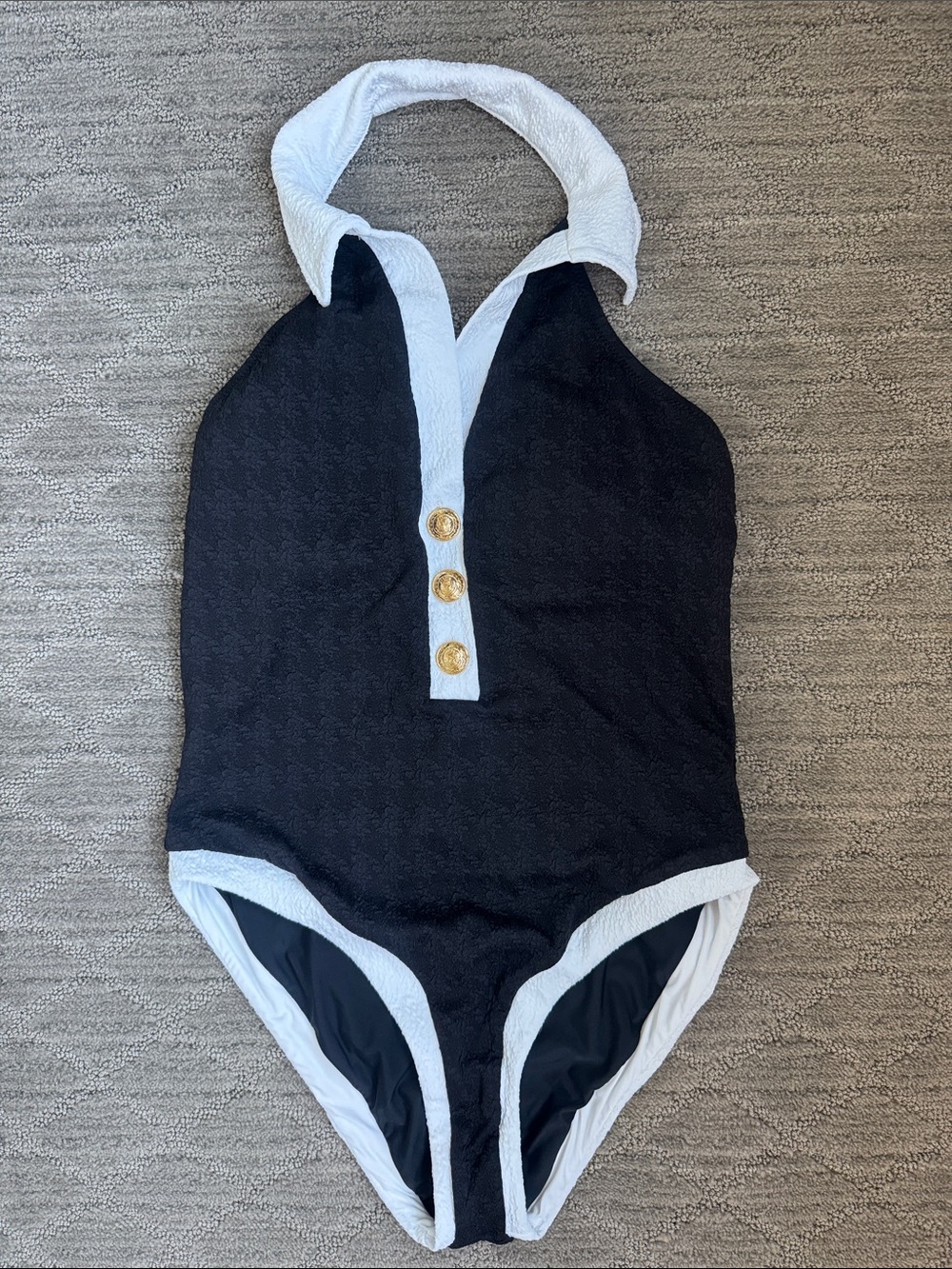 L'AGENCE Black and White Halter One-Piece with Gold Buttons